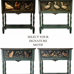 May include: Four decorative console tables with dark green frames and detailed artwork. Each table features a different motif: chickens, geese, cats, and ducks. The text "SELECT YOUR SIGNATURE MOTIF" is displayed.