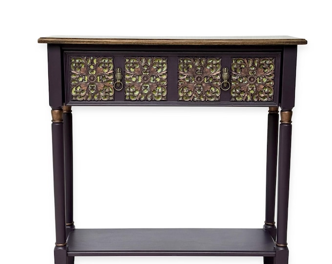 Deep Purple Solid Wood Console Table, Carved Drawer, Ready to Ship