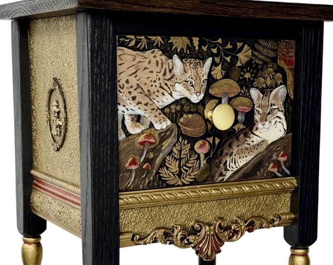 Hand-Painted Console Table with Ocelots & Mushrooms, Luxury Whimsical Furniture, Collector Statement Piece, Custom Art Entry Table