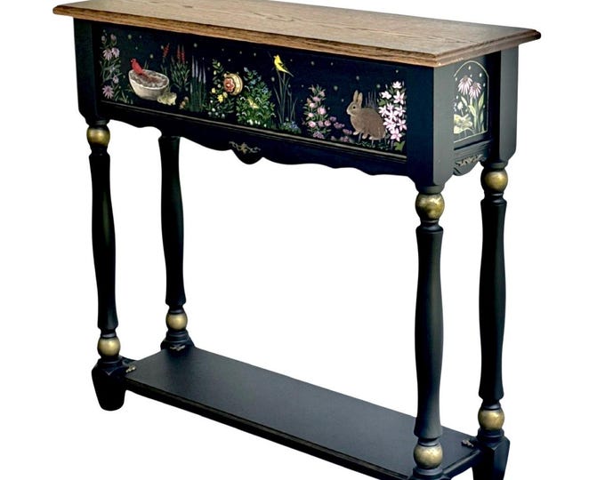 Hand-Painted Black Console Table with Drawer, Solid Wood Garden Scene, Narrow 35-Inch Entryway Table