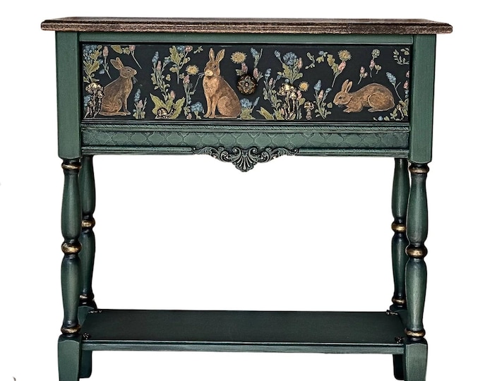 Hand Painted Console Table | Woodland Rabbit Art, Green Entryway Furniture, Cottagecore Accent Table