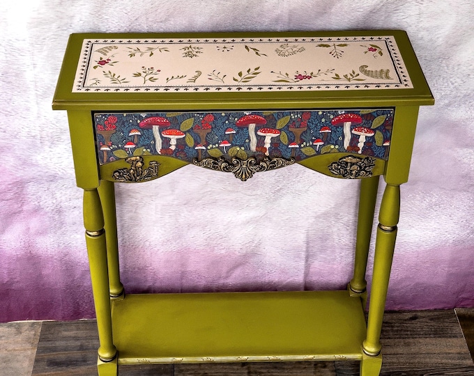 Hand-Painted Woodland Console Table • Green Mushroom Entryway Table with Drawer • Narrow Hallway Accent