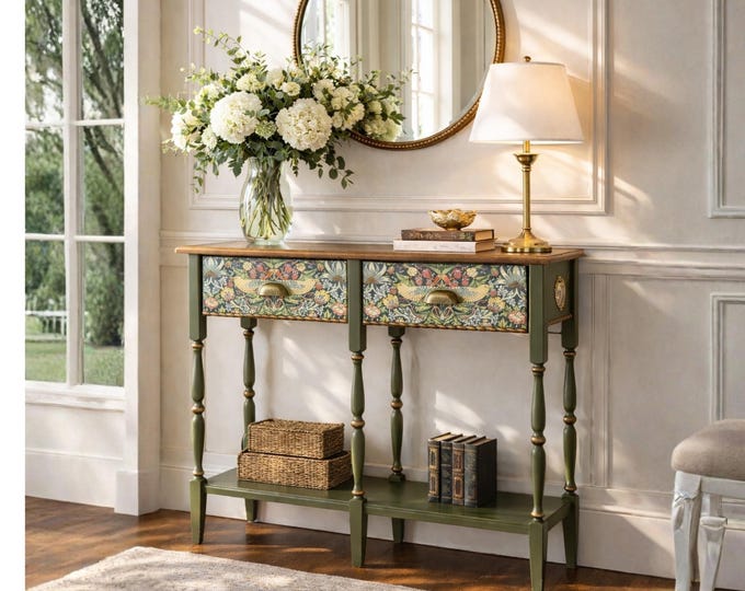 Commissioned Solid Wood Console Table, Forest Green, Botanical Decorative Arts