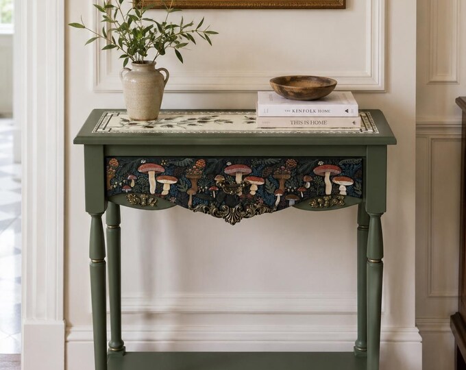 Hand-Painted Mushroom Console Table with Drawer, Solid Wood Narrow Entryway Furniture, Custom Forest Design