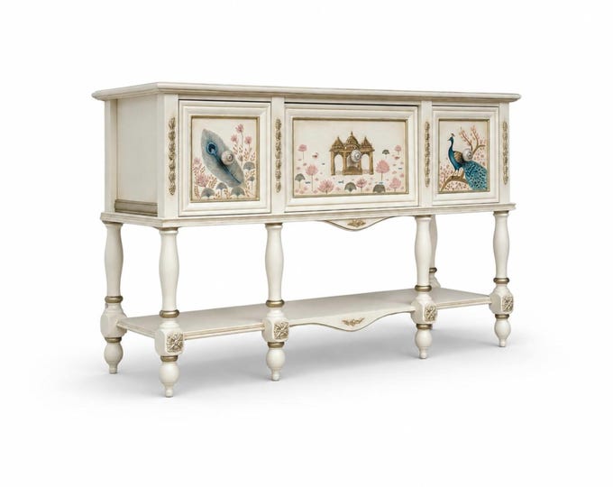 White Console Table with Drawers, Solid Wood Entryway Table, Hand-Painted Luxury Furniture