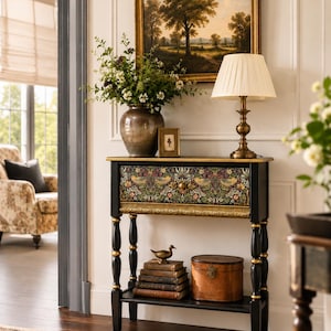 William Morris Strawberry Thief Console Table – Handcrafted Narrow Entryway Table with a Drawer