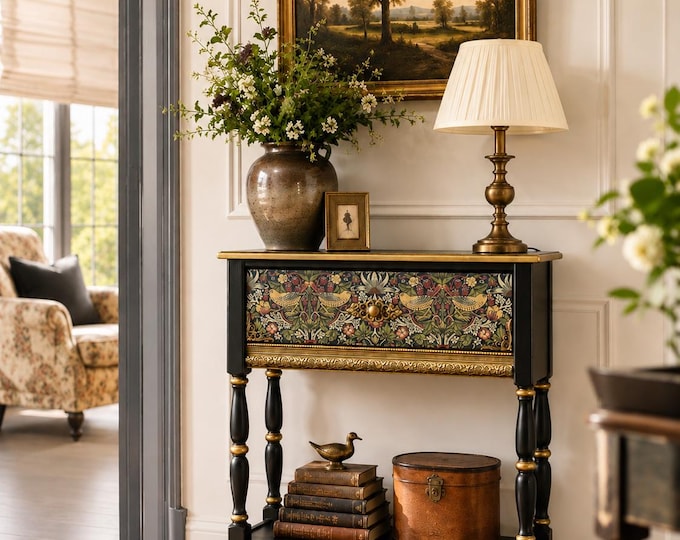 William Morris Strawberry Thief Console Table – Handcrafted Narrow Entryway Table with Drawer
