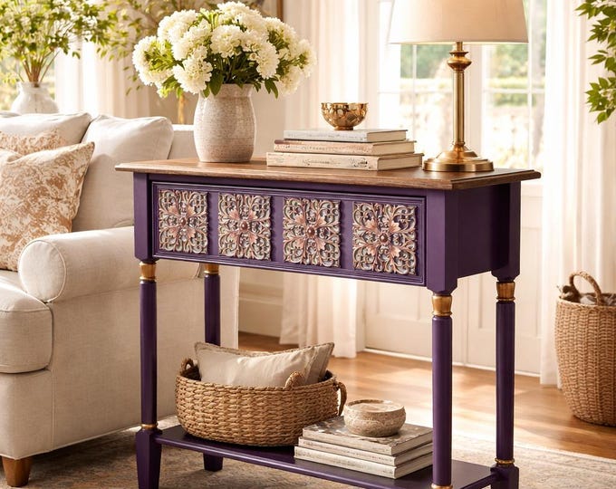One-of-a-Kind Deep Purple Console Table with Carved Drawer, Solid Wood Accent Table