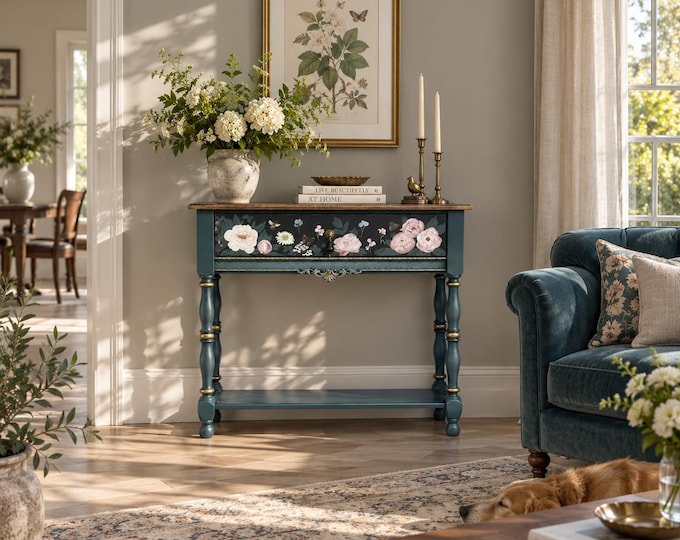 Hand Painted Console Table with Peonies, Blue Floral Entryway Table, Botanical Solid Wood Furniture