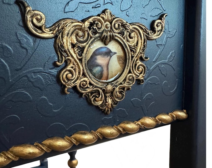 Hand-Painted William Morris Style Navy Console Table with Gilded Accents
