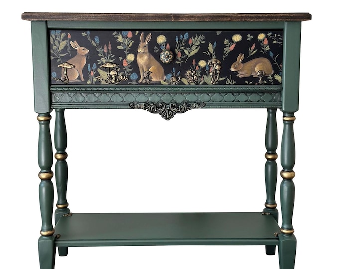 Hand-Painted Solid Wood Console Table — Custom Woodland Rabbit Design, Made to Order