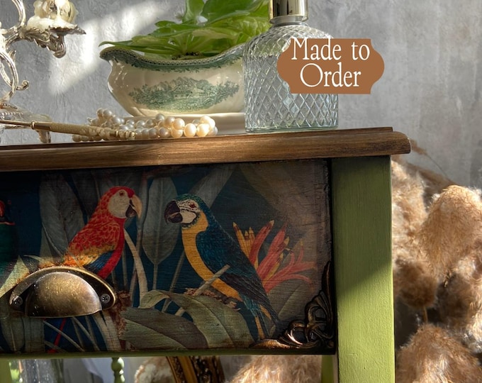 Whimsical Bird Accent Table – Tropical Parrot Motif in Vintage Style
