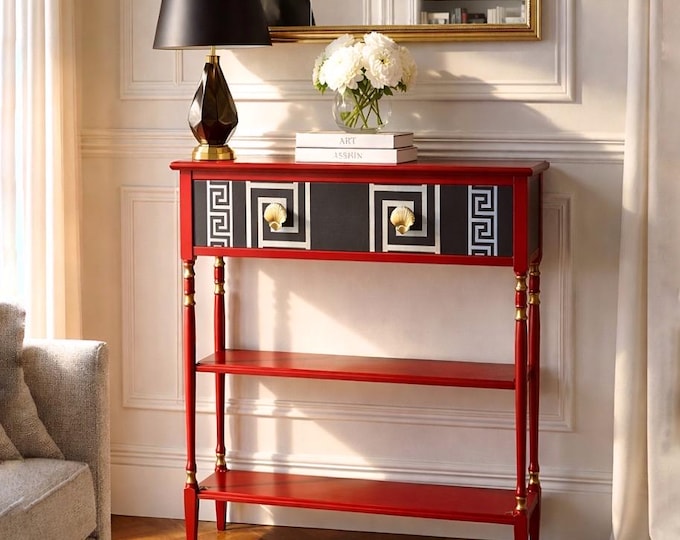 Luxury Red & Gold Console Table, Narrow Entryway Table, Custom Art Furniture, One-of-a-Kind