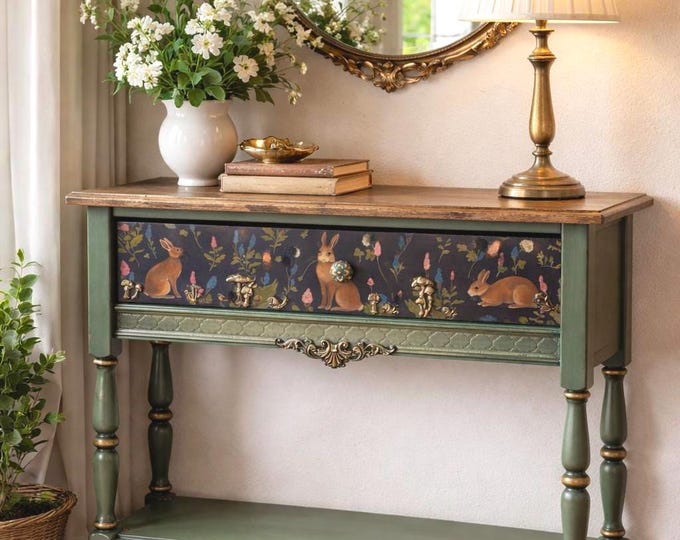 Woodland Console Table | Hand-Painted Entryway Table | Custom Forest Rabbit Furniture Decor