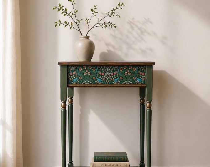 William Morris Inspired Botanical Console Table, Green Entryway Statement Piece