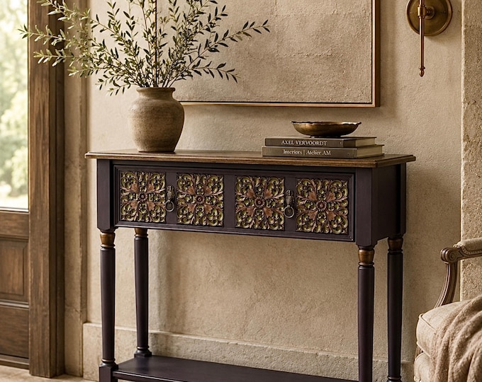 Deep Purple Solid Wood Console Table, Carved Drawer, Ready to Ship