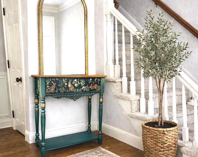 Hand-Painted Rabbit Console Table – Handmade Poplar Wood Cottage Console with a Drawer