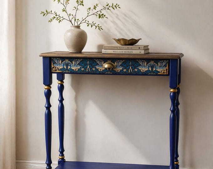 Hand-Painted Royal Blue Console Table: Vintage Birds & Butterflies, Gold Accents