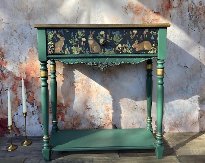 Hand-Painted Rabbit Console Table – Handmade Poplar Wood Cottage Console with a Drawer