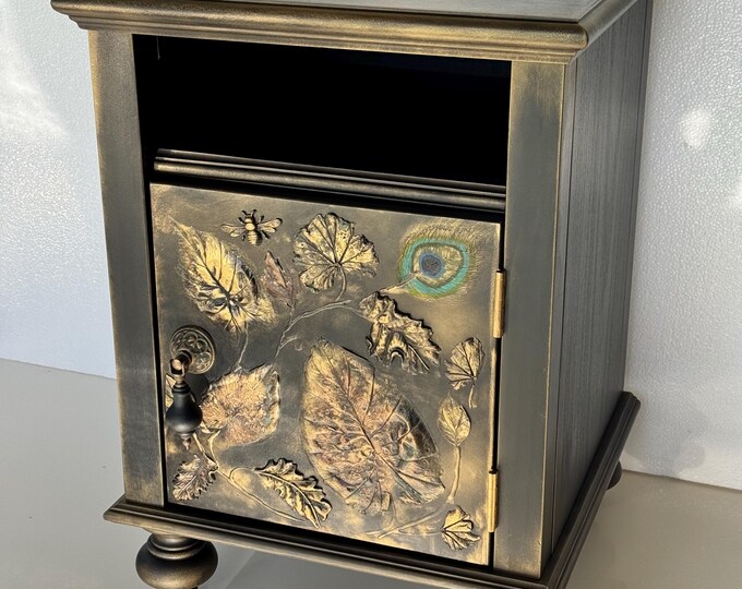 Handcrafted Solid Wood Accent Cabinet | Botanical Relief, Metallic-look Details, Nature-Inspired Side Table