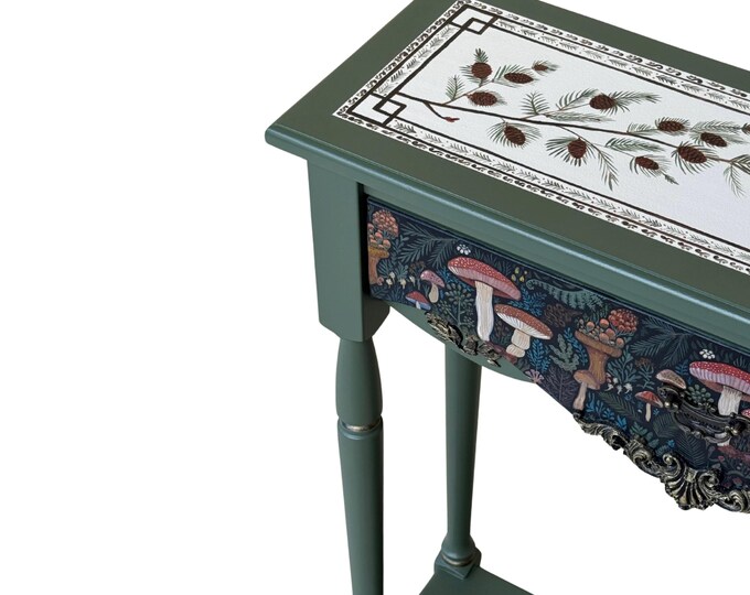 Hand-Painted Whimsical Botanical Console Table, Forest Mushroom Design