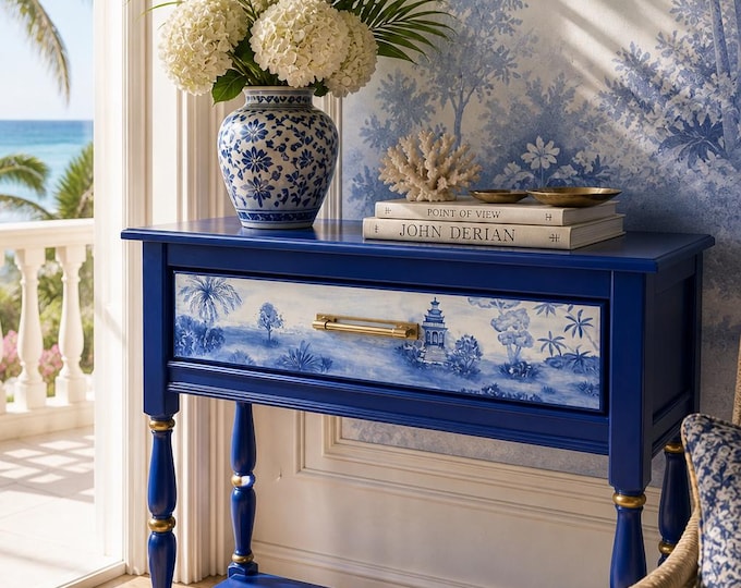Hand-Painted Blue Console Table, Custom Statement Furniture, Gold Accents, Bohemian Blue Finish