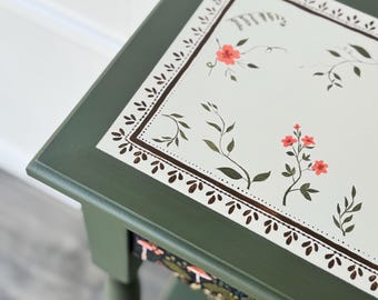 One-of-a-Kind Hand-Painted Woodland Console Table, Green Finish with Mushroom Motif