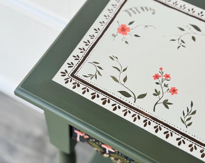 One-of-a-Kind Hand-Painted Woodland Console Table, Green Finish with Mushroom Motif