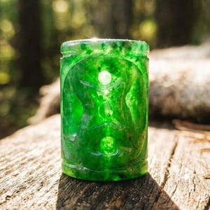 May include: A cylindrical green jade bead featuring a carved pattern with three vertically aligned circular indentations. The stone displays a translucent quality with deep emerald hues and darker mottled inclusions throughout the polished surface.