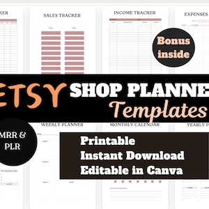 Etsy Shop Planner Seller templates Guide, Etsy shop business tracker instant download editable pages, Start an Etsy shop Template with MRR.