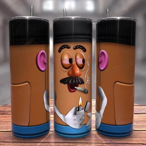 May include: Three stainless steel tumblers with a design of a cartoon potato head character with a mustache and a cigarette in its mouth. The character is wearing a blue shirt and has a lighter in its hand. The tumblers are on a wooden surface.