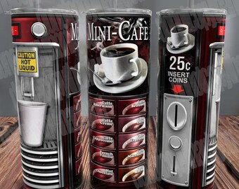 Funny Coffee Machine Tumbler Wrap, Mini Cafe Design (PNG Digital Download)