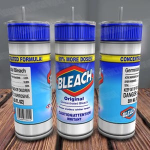 May include: A white tumbler with a blue lid and a blue and yellow label that says "BLEACH Original Concentrated Bleach Keeps clothes whiter longer CAUTION/ATTENTION IRRITANT".
