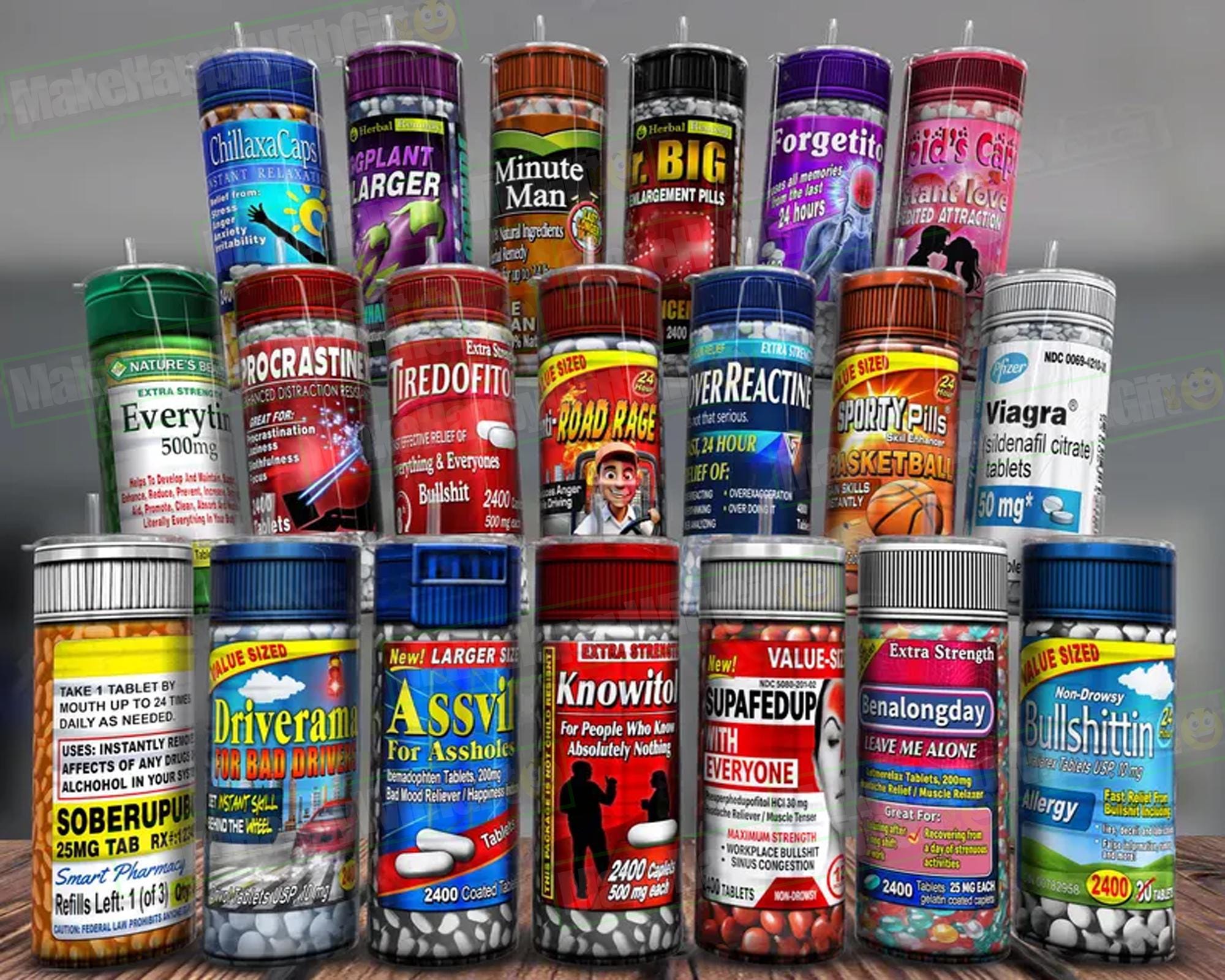 Fake Pills 20oz Tumbler Wrap Bundle, Funny Sarcastic Cuss Word Spray Tumbler PNG, Curse Word PNG, Seamless Wrap, Instant Download, 300dpi.