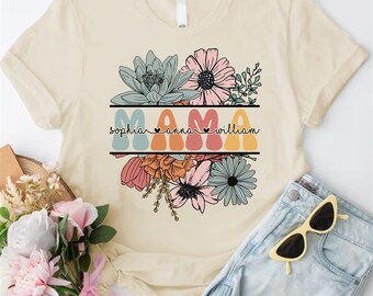 Chemise de maman personnalisée avec des noms d'enfants, chemise de maman florale, cadeau de nouvelle maman, t-shirt de maman rétro, chemise de maman, cadeau de fête des mères bohème groovy pour elle