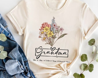 Chemise jardin personnalisée de grand-mère avec fleurs et noms du mois de naissance, cadeau grand-mère, cadeau fête des mères, cadeau d'anniversaire personnalisé, chemise grand-mère