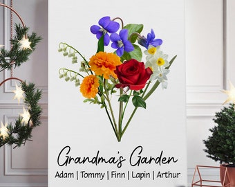 Affiche personnalisée de fleurs pour le mois de naissance du jardin de grand-mère, toile d'art murale, vraies fleurs colorées, cadeau personnalisé pour grand-mère, maman