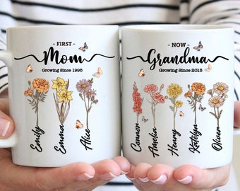 First Mom Now Grandma Birth Flower Mug Mom Gift, Custom Grandma's Garden Coffee Cup with Name, Personalized Mother's Day Gift for Grandma