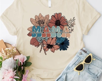 Chemise maman personnalisée avec noms d'enfants, chemise maman à fleurs, cadeau nouvelle maman, t-shirt maman fleuri rétro, t-shirt maman, cadeau fête des mères pour elle