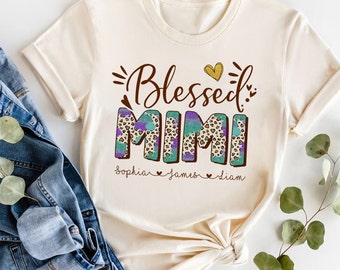 Custom Blessed Mimi Shirt with Grandkids Names, Leopard Grandma Shirt, Mimi Gifts, Gift For Mom, Personalized Mother's Day Gift for Grandma