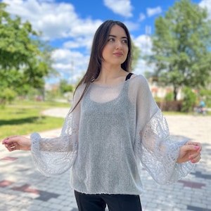 Mohair Knitted Sweater - Airy Tunic for Women, Wide Sleeve Plussize Sweater, Lightweight Soft Knit, Fall Outfit, Handmade Women Clothing