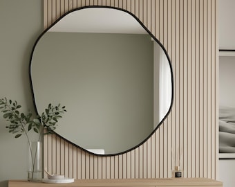 Circular  Asymmetrical Wood Wall Mirror: Modern Frame, Entryway Decor Wavy Frame Vanity Minimalist Bathroom