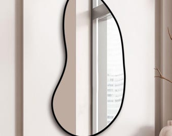 Bean Shaped Full Length Asymmetrical Wall Wood Mirror, Bathroom Organic Shape Decorative Modern Mirror