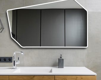 Asymmetrical Horizontal Wall Mirror Wood , Modern Irregular Bathroom Vanity Contemporary Decor Living Room Entryway