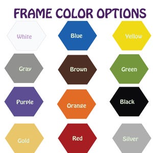 Puede incluir: Un gr&aacute;fico que muestra 12 opciones de color de marco para un marco de imagen. Los colores son blanco, azul, amarillo, gris, marr&oacute;n, verde, morado, negro, naranja, rojo, dorado y plateado.