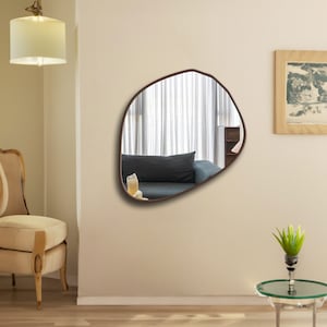 Asymmetrical Round Circular Wooden Wall Mirror l Irregular Framed Mirror l Stylish Modern Home Decor Mirror l Bathroom Entryway Mirror
