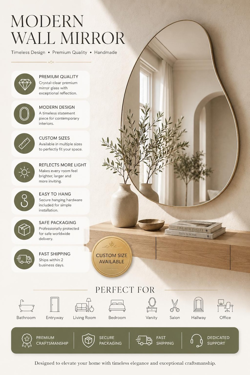 May include: An irregular, organic-shaped wall mirror with a thin gold frame. The mirror is displayed above a light wood floating console table, which holds a ceramic vase with olive branches, a small wooden bowl, and two stacked books.