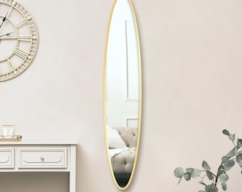Espejo de pared alto de madera, espejo vertical de cuerpo entero, decoración moderna para entrada, forma de tabla de surf delgada