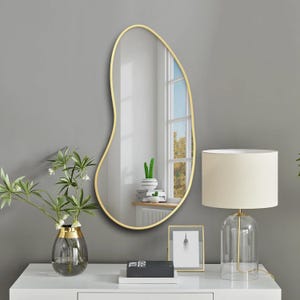 Puede incluir: Un espejo de forma libre con marco dorado cuelga de una pared gris sobre una cómoda blanca. Una pequeña planta en maceta, un marco de fotos y una lámpara de vidrio con pantalla blanca están sobre la cómoda.