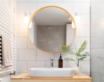 Round Circle Wall Wood Mirror Slim Frame, Circular Huge Bathroom Vanity Mirror, Entryway Decor